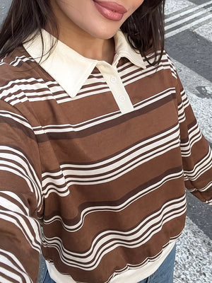 Striped Dropped Shoulder Sweatshirt in Coffee Brown, close-up detail