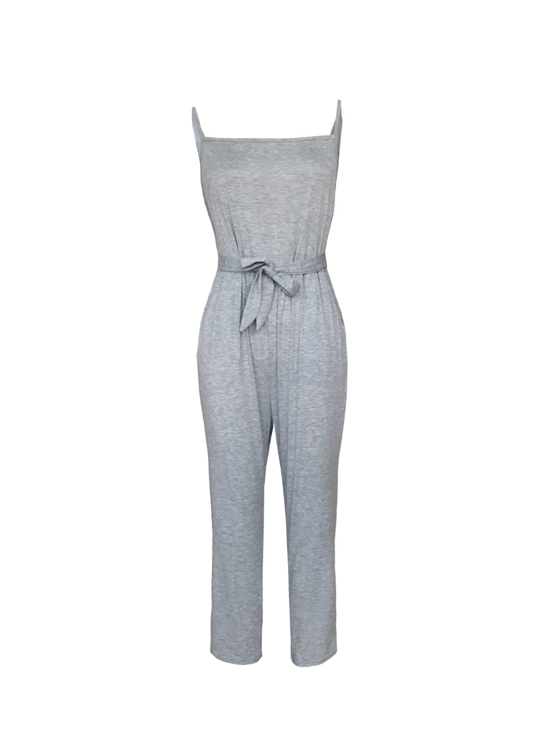 Sleeveless gray jersey jumpsuit with tie-waist and square neckline.