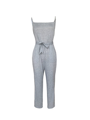 Sleeveless gray jersey jumpsuit with tie-waist and square neckline.
