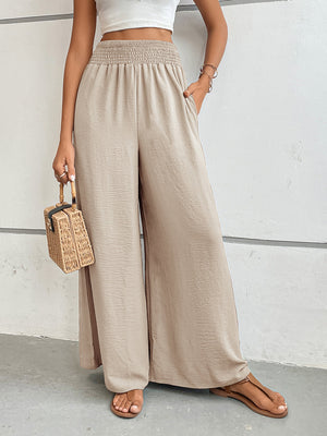 Textured palazzo lounge trousers in Dust Storm with a smocked waistband and wide legs.