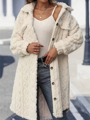 Cream textured shacket-coat with patch pockets, button front, and collar.