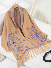 Camel knit cardigan with colorful Aztec print and fringe detail