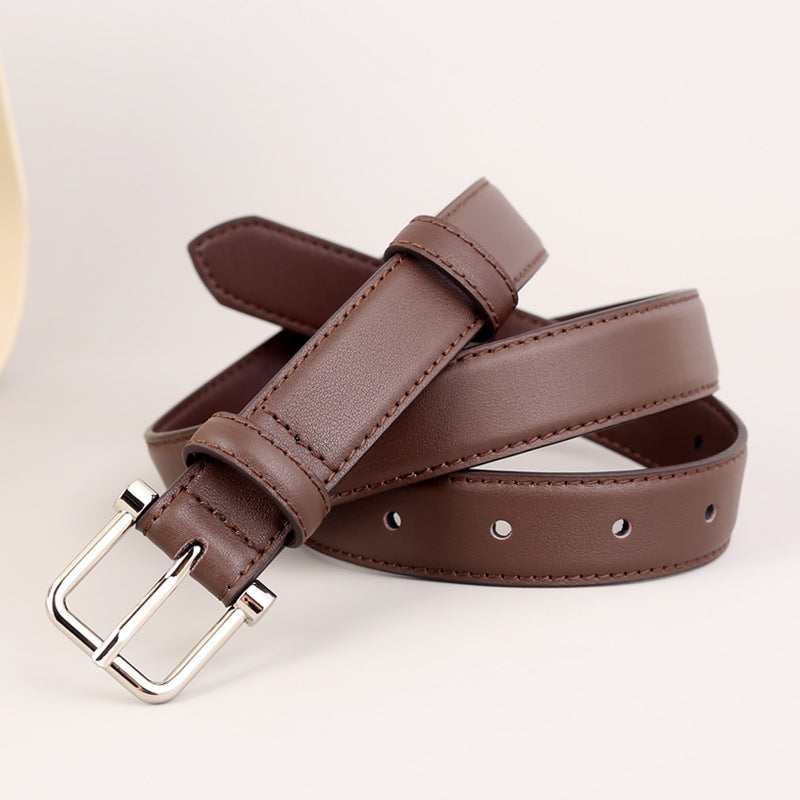 Brown cowhide leather belt with silver buckle and adjustable holes
