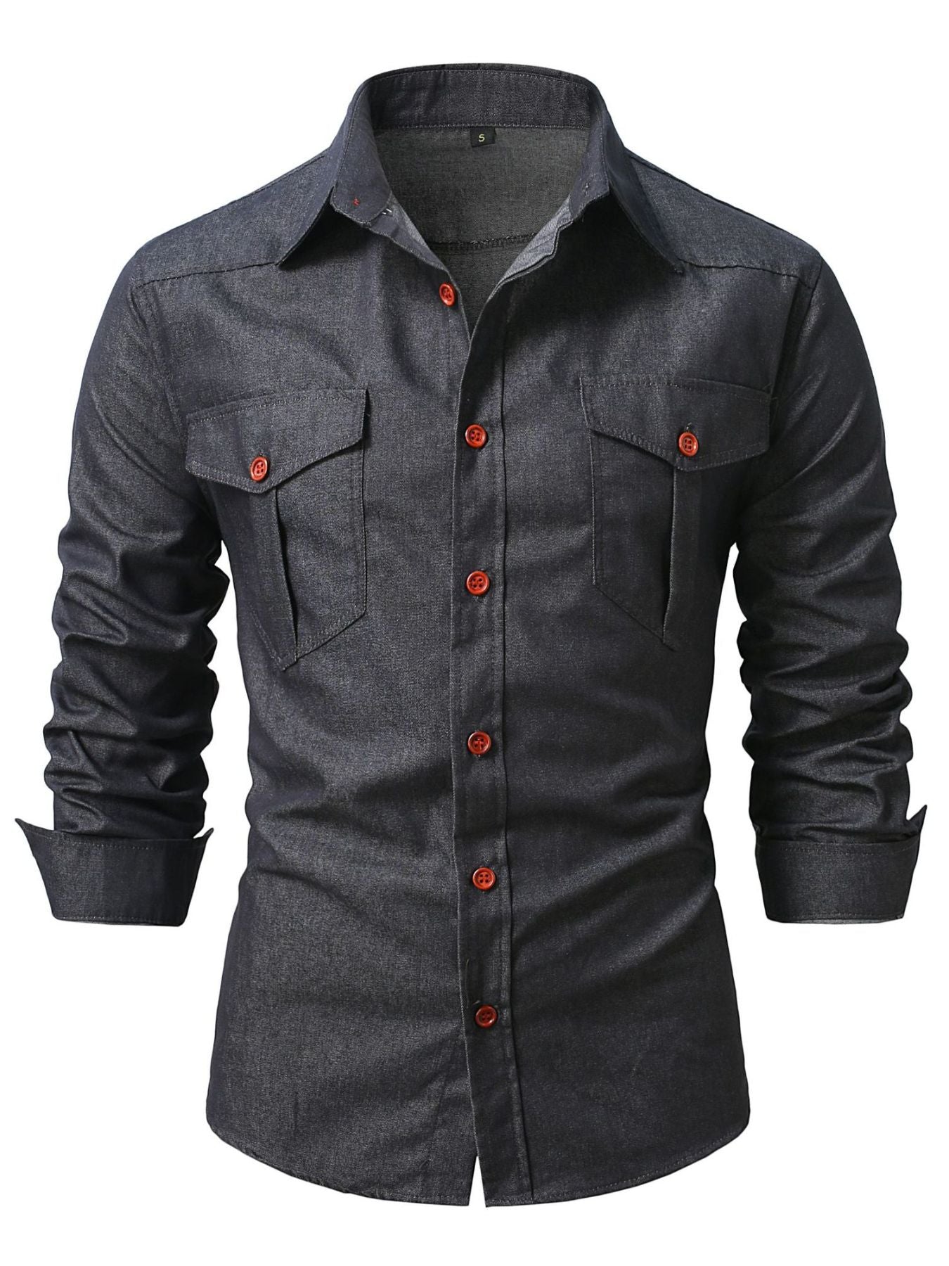 Dark gray denim shirt with button-down front, two chest pockets, and orange button details.