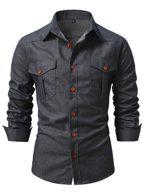 Dark gray denim shirt with button-down front, two chest pockets, and orange button details.