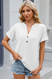 White textured henley tee with rolled sleeves and button detail