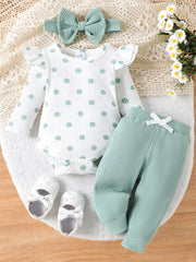 Children's Ruffled Polka Dot Bodysuit And Pants Set in Light Green, front view