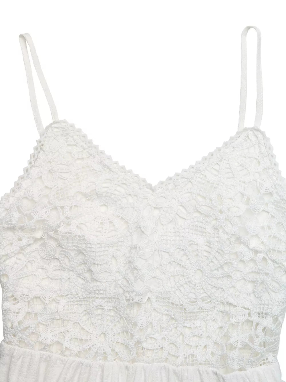 White lace V-neck maxi dress with spaghetti straps and cutout detail.