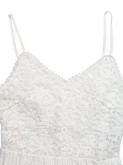 White lace V-neck maxi dress with spaghetti straps and cutout detail.