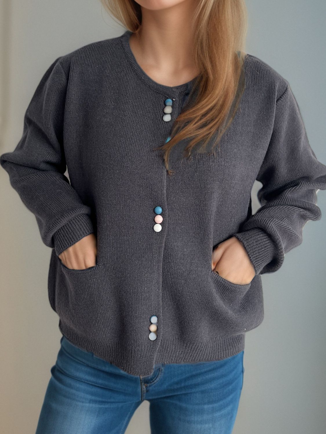 Dark Gray ribbed knit button-up cardigan with pastel buttons and pockets