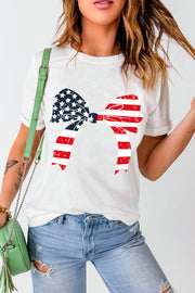 White distressed graphic tee with an American flag bow print