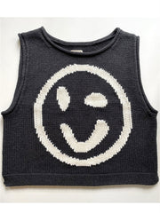 Black knit tank top with white smiley face graphic and crew neck.