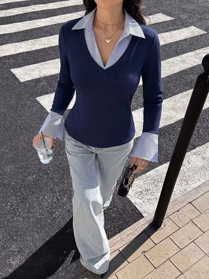 Contrast Collar Long Sleeve Top in Dark Blue, close-up detail