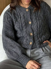 Gray cable-knit button-down cardigan with wooden buttons
