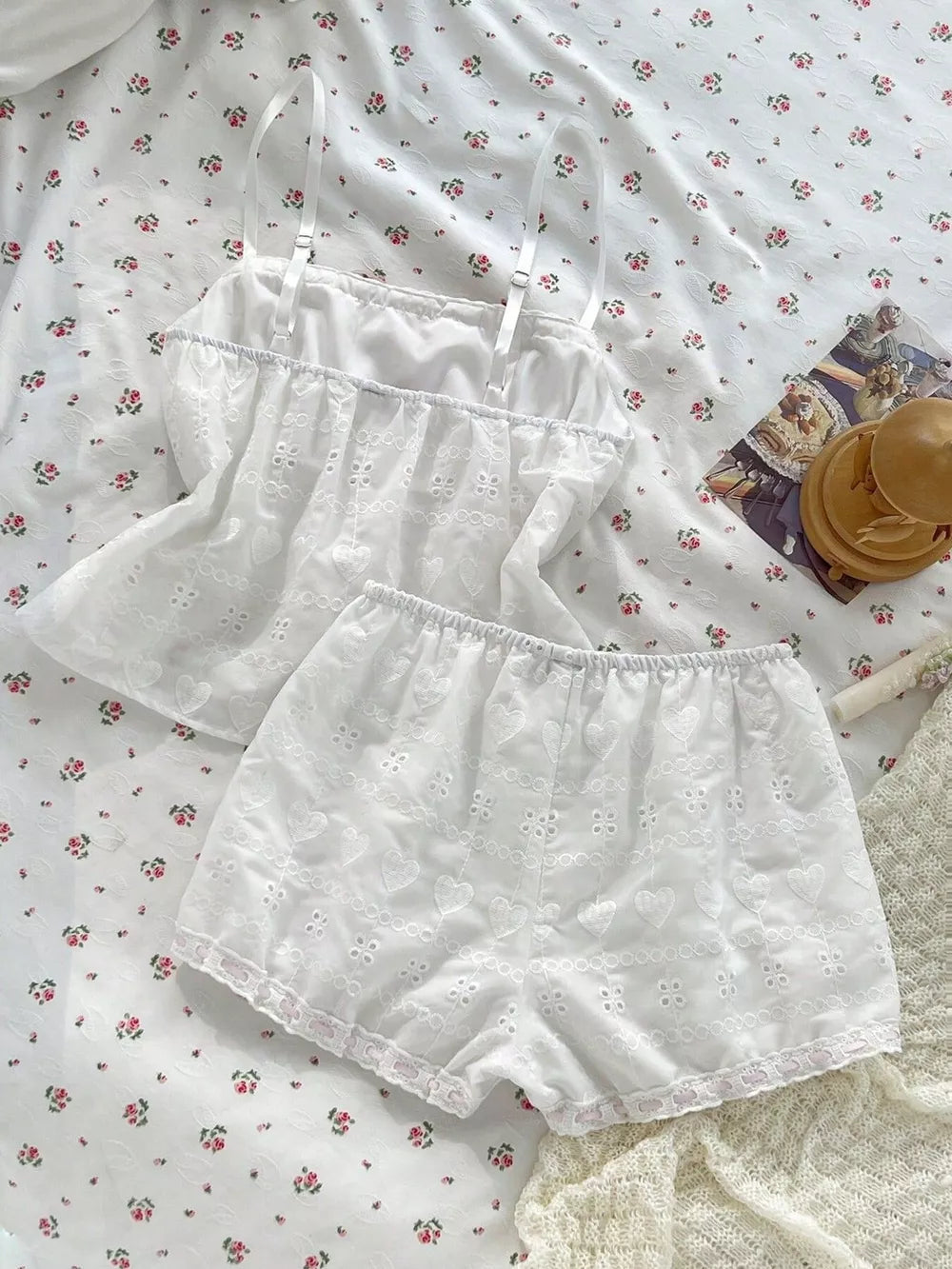 Lace Detail Eyelet Cami And Shorts Set, back view