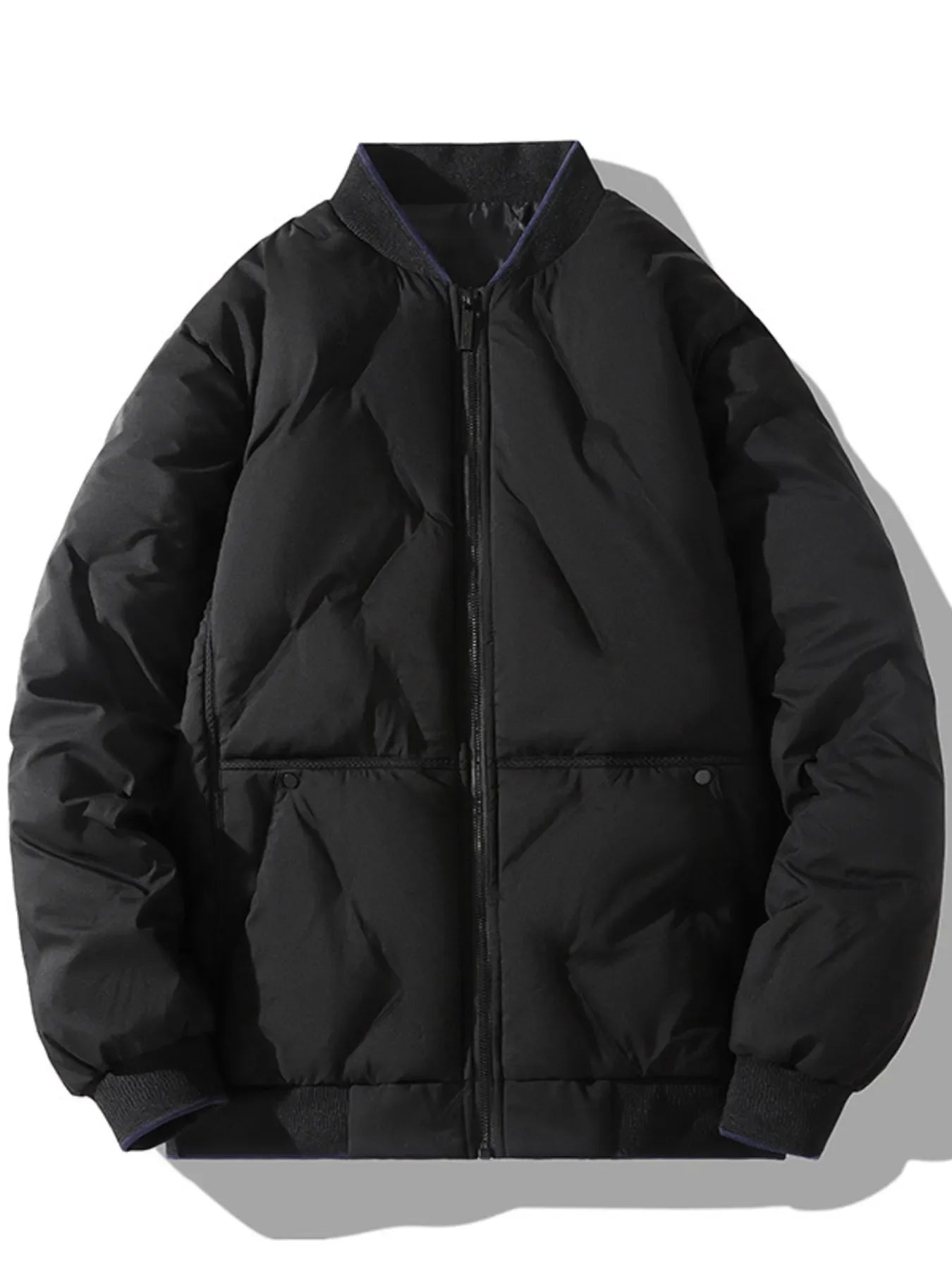 Black quilted bomber jacket with zip-up front and ribbed collar and cuffs.