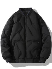 Black quilted bomber jacket with zip-up front and ribbed collar and cuffs.