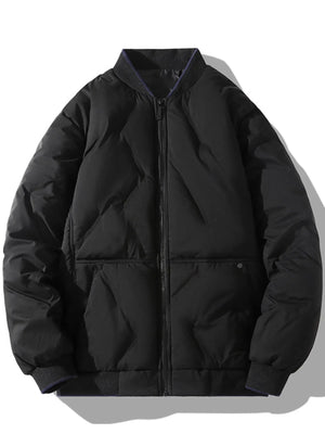 Black quilted bomber jacket with zip-up front and ribbed collar and cuffs.