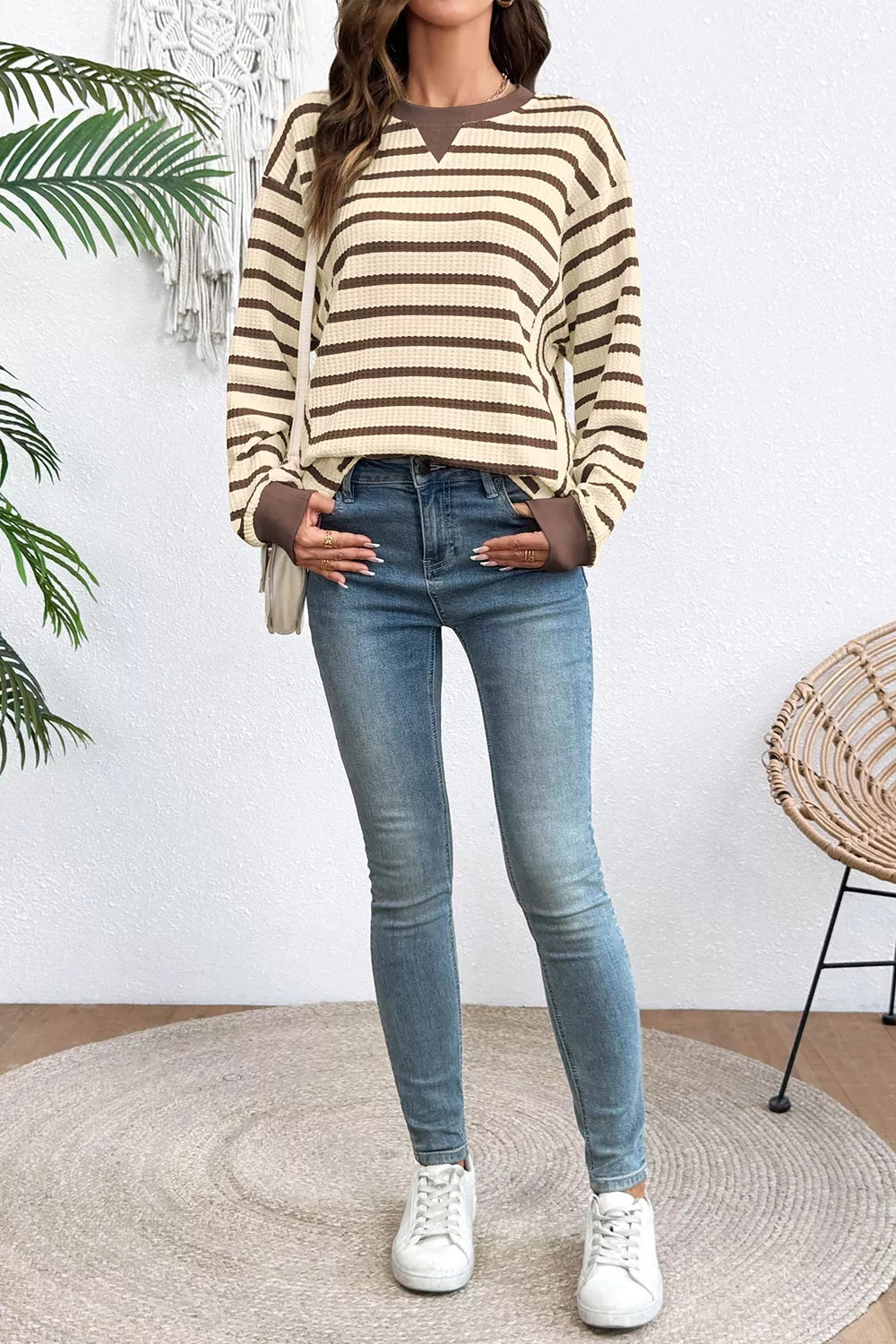 Stripe Patchwork Ribbed Cuff Pullover Sweatshirt in Beige, back view