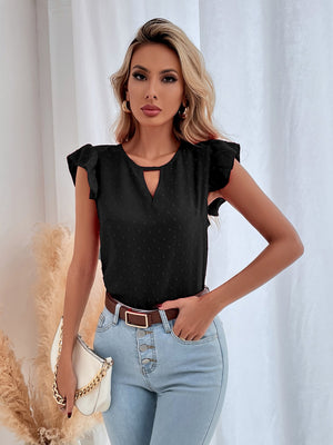 Black dotted swiss keyhole ruffle sleeve blouse with a v-neckline.