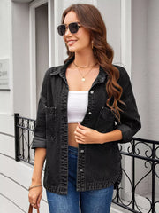 Charcoal denim trucker jacket with button-down front and chest pockets