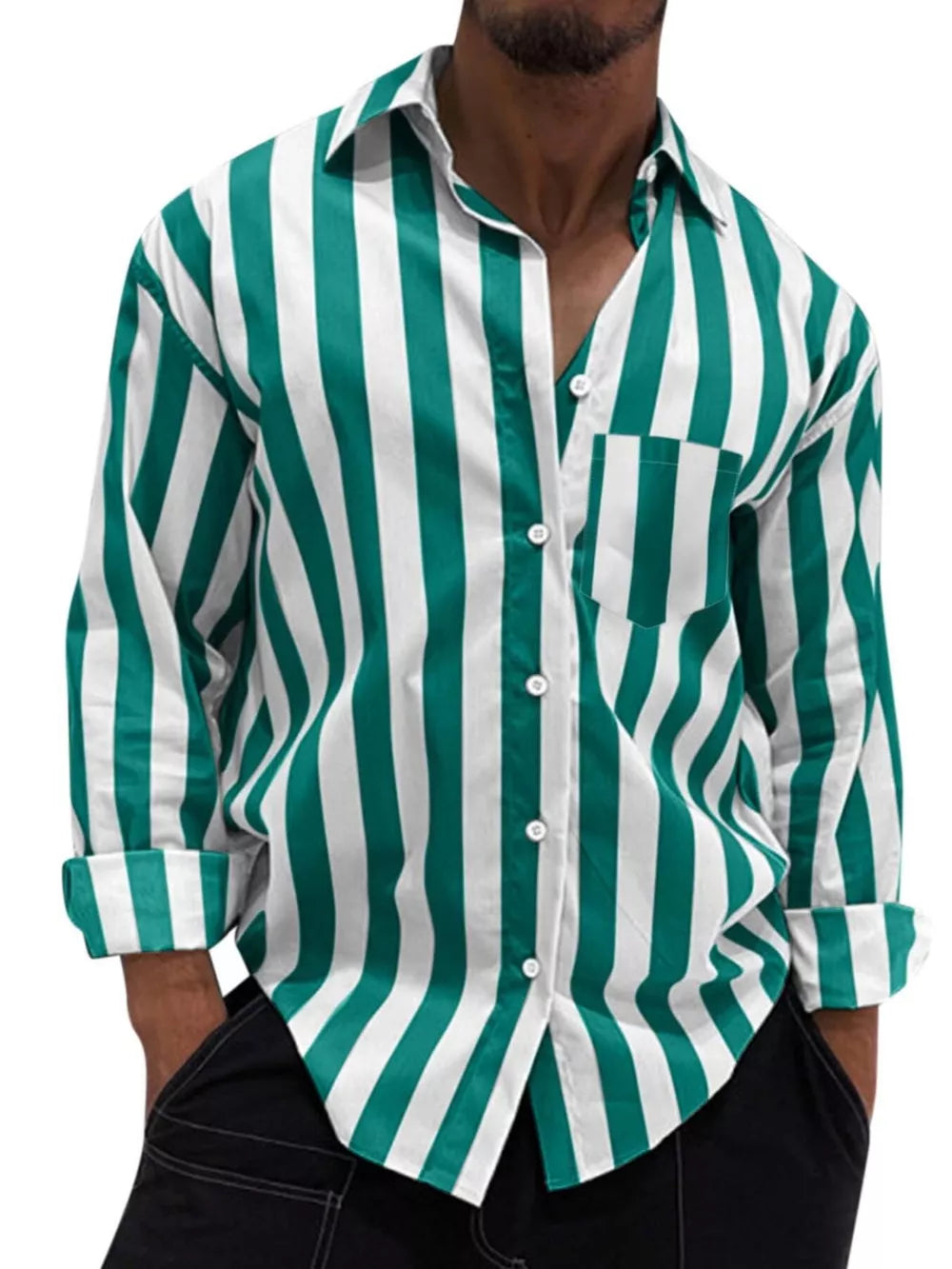 Men's Button Up Long Sleeve Shirt in Deep Teal, model styling view