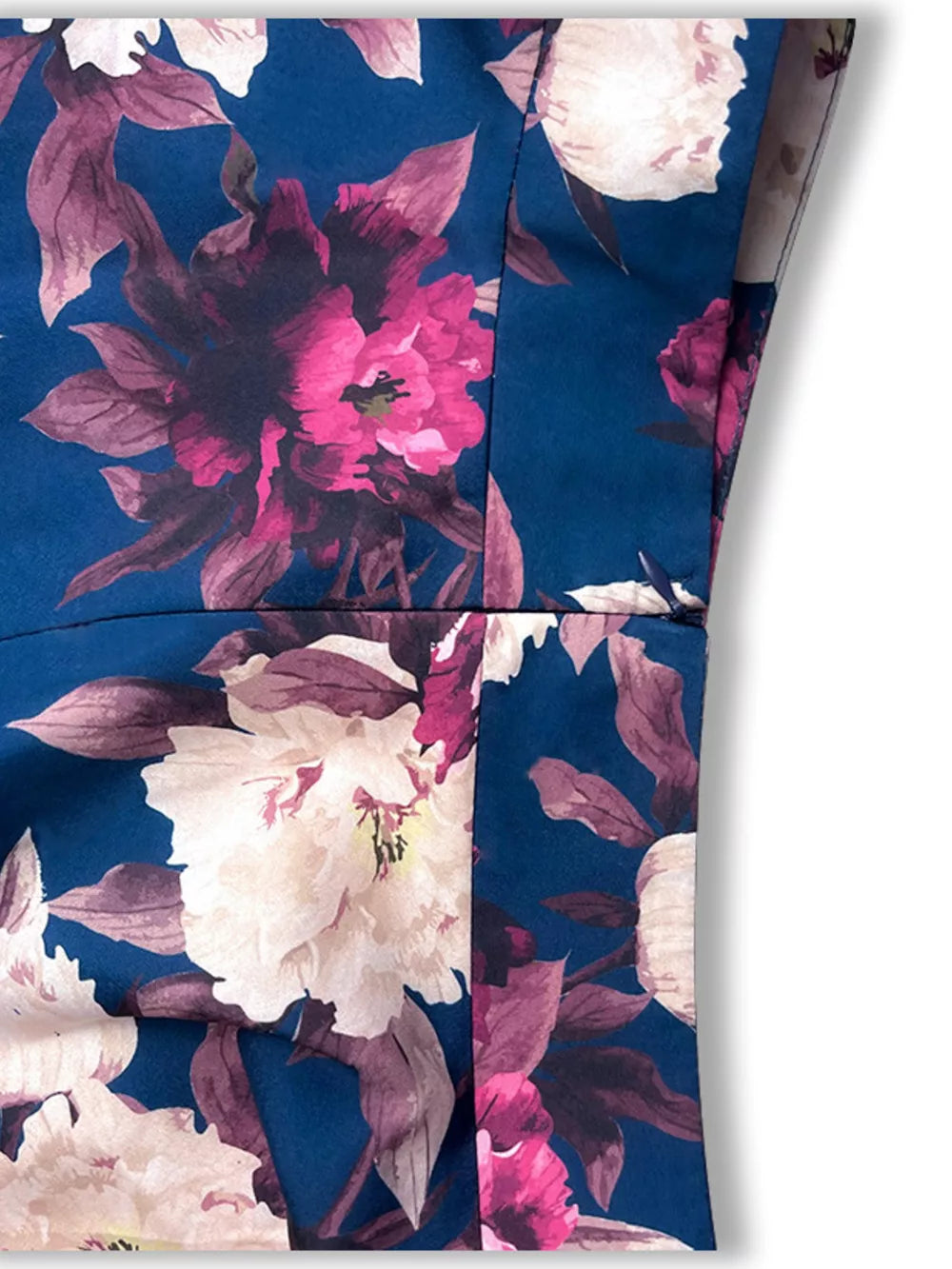 Ruffled floral two-piece set in French Blue polyester with large peony print.