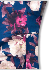 Ruffled floral two-piece set in French Blue polyester with large peony print.