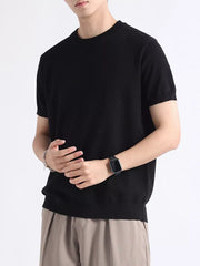 Black knitted men's t-shirt with short sleeves and crew neck.