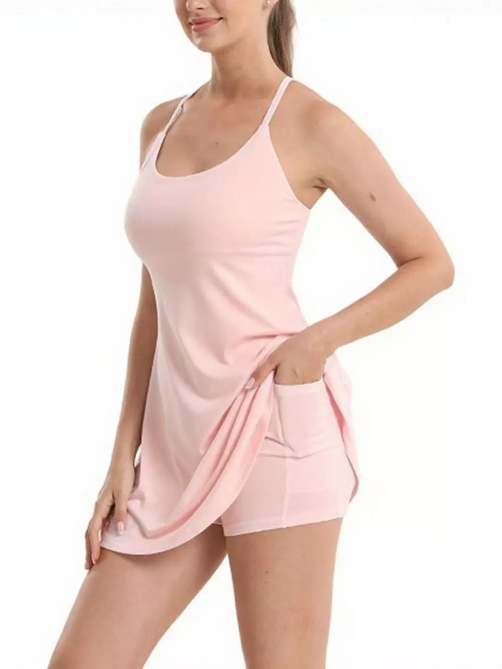 Pink scoop neck cami activewear set with pocketed shorts