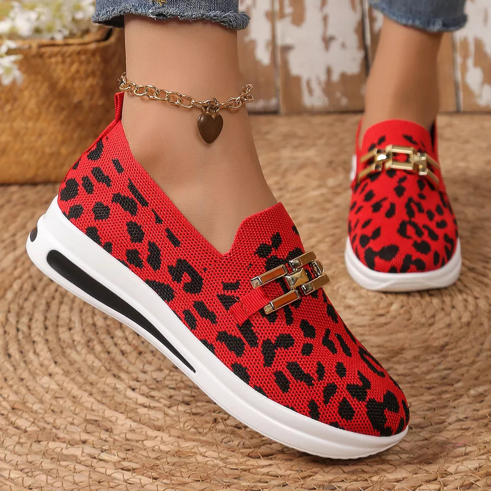 Red leopard print mesh slip-on shoes with gold buckle detail.