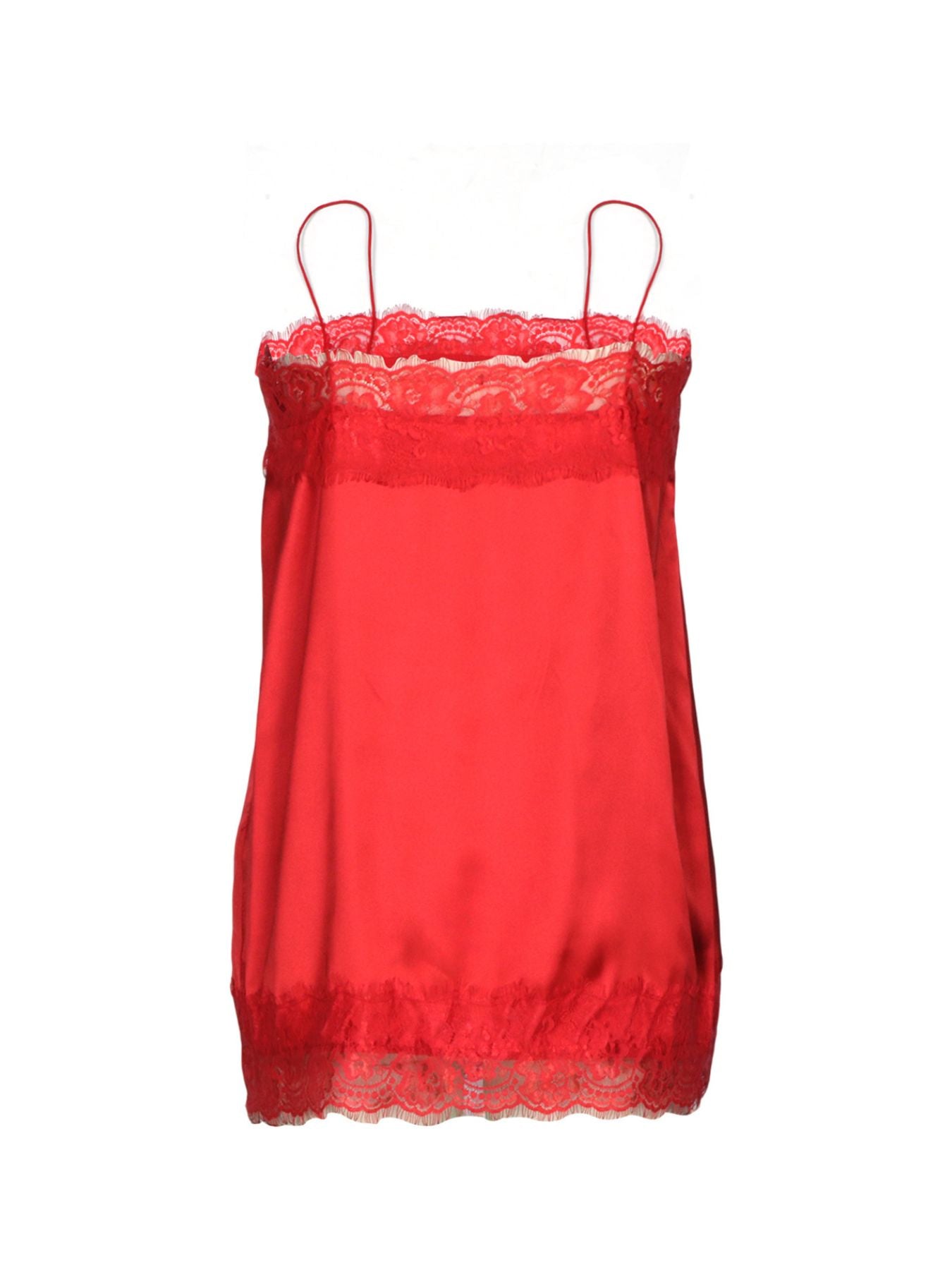 Red satin cami top with lace trim neckline and hem.