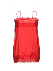 Red satin cami top with lace trim neckline and hem.