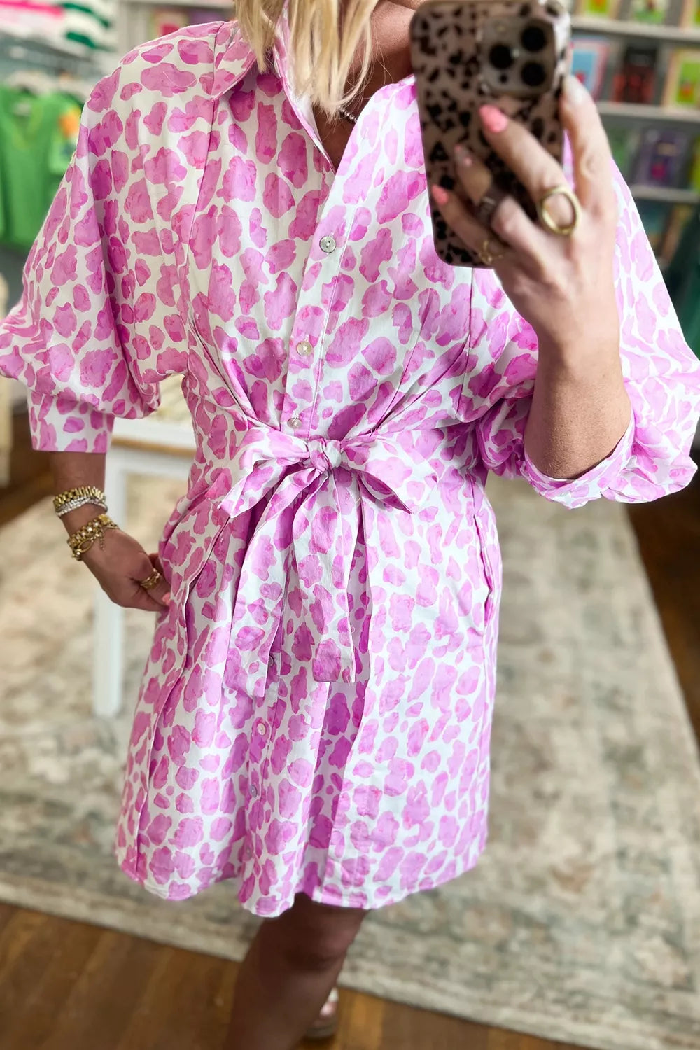 Abstract Leopard Print Tie Waist Puff Sleeve Mini Shirt Dress, back view