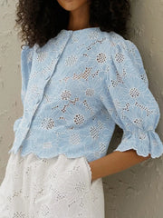Charming Floral Embroidery Puff Sleeve Shirt