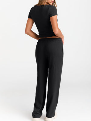 Black round neck tee and relaxed fit drawstring pants set