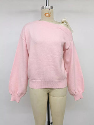One Shoulder Bow Detail Sweater in Pink, editorial view
