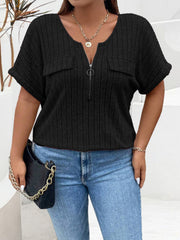 Black ribbed knit henley with short sleeves, zip neck, and chest pockets.