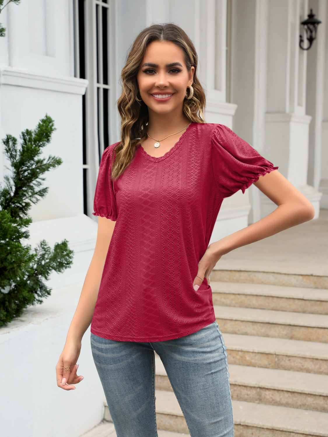 Burgundy eyelet puff sleeve v-neck blouse with textured pattern