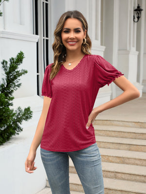 Burgundy eyelet puff sleeve v-neck blouse with textured pattern