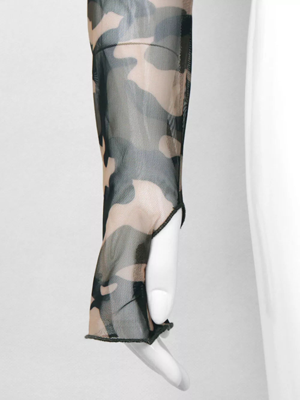 Sheer camouflage long sleeve tee with thumbhole detail in army green and tan.