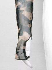 Sheer camouflage long sleeve tee with thumbhole detail in army green and tan.
