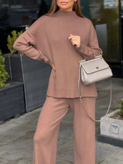 Relaxed fit knit co-ord set in mocha, featuring a mock neck top and wide-leg pants.