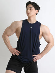 Navy performance tank top with subtle white logo detail and deep armholes.