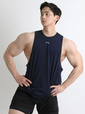 Navy performance tank top with subtle white logo detail and deep armholes.