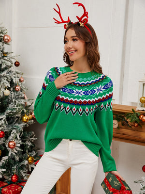 Green crewneck sweater with festive Fair Isle pattern, acrylic knit.