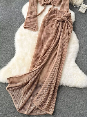 Khaki knit tied crop top and high slit skirt set with cutout detail.