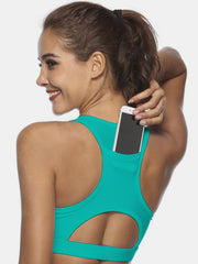 Teal racerback sports bra with phone pocket and cutout detail