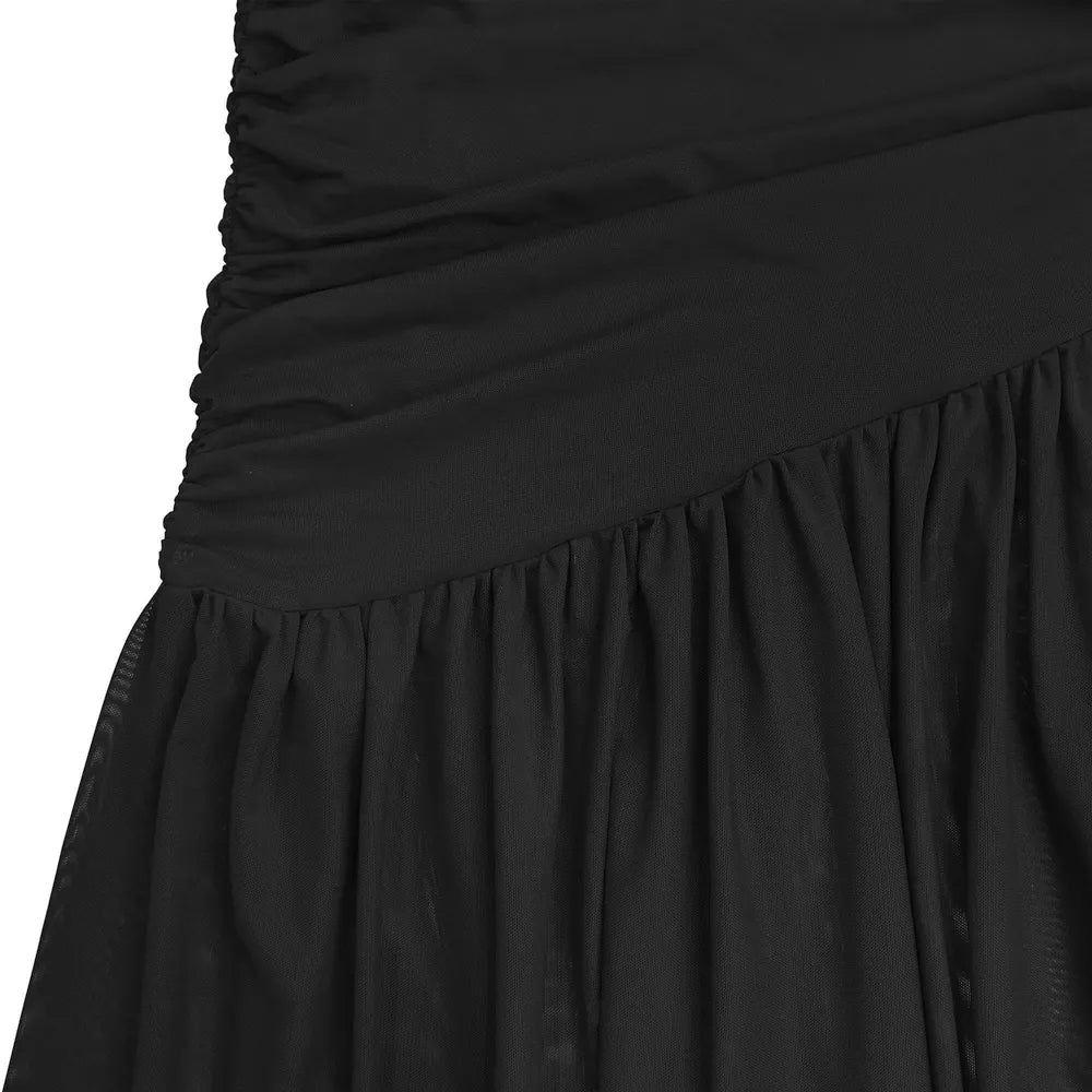 Black ruched bodycon maxi dress with ruffled hem detail