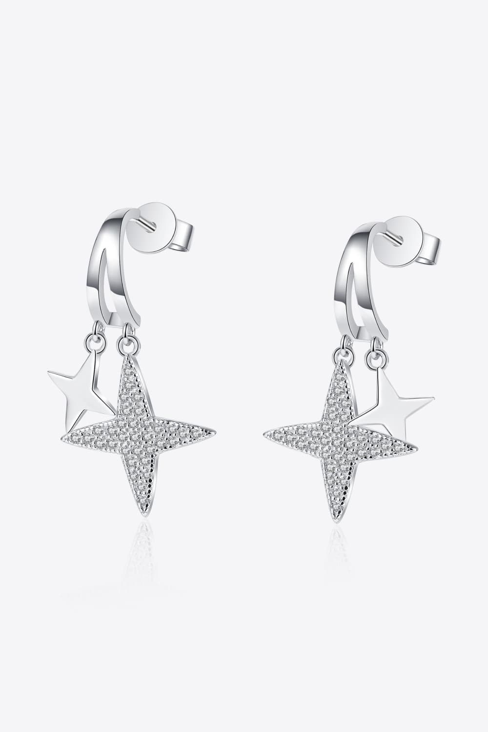 Celestial starburst rhodium drop earrings with pave crystal detail